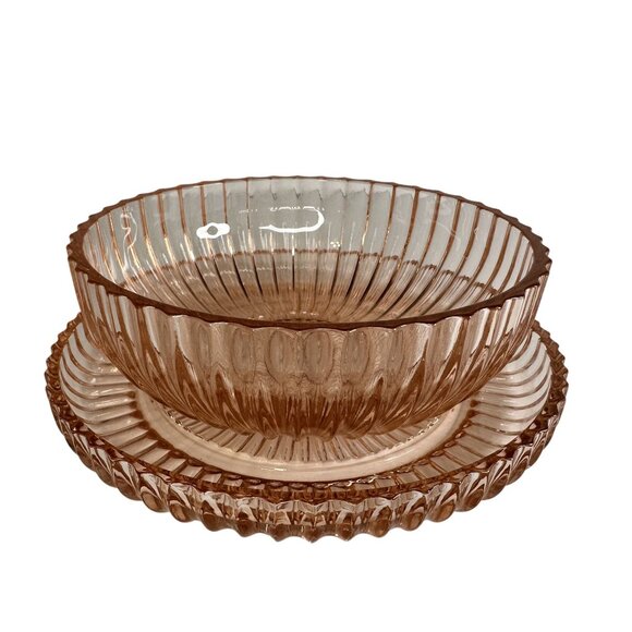 Anchor Hocking QUEEN MARY Pink Depression Glass Berry Candy Bowl Plate Set 1940s - Picture 1 of 15